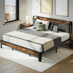 King Metal Bed Frame with Storage Headboard and Outlets, Sturdy 