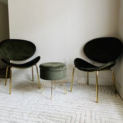 Green Velvet Upholstered Chair with Gold Polished Metal Legs, Modern Accent