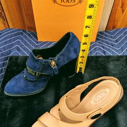 Tod's (Mismatched) Pair Of Blue Suede Zipper/Tan Leather Open Heels - Size 6.5(EU 37) -Made In Italy