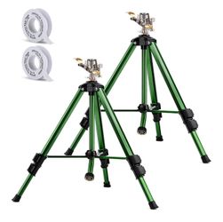 Heavy-Duty 2-Pack 360° Tripod Sprinklers for Large Lawn and Garden Coverage, Featuring Adjustable Extension Legs, Secure Flip Locks, and a Universal 3