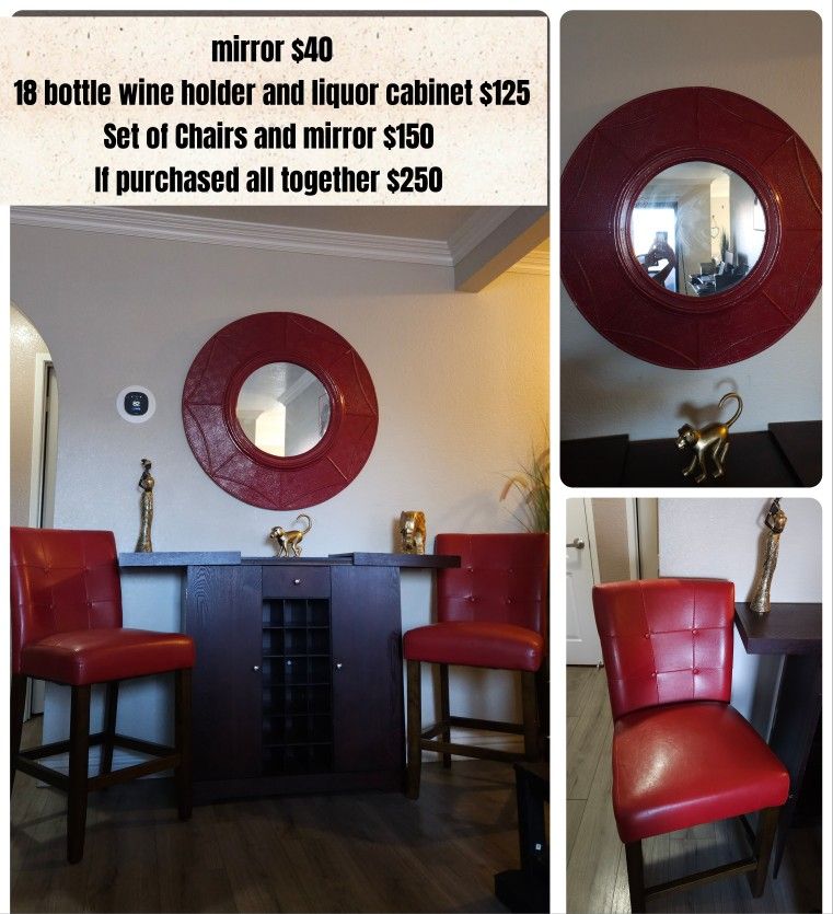 Red Bar Stools, Wine Cabinet and liquor cabinet & Mirror Set
