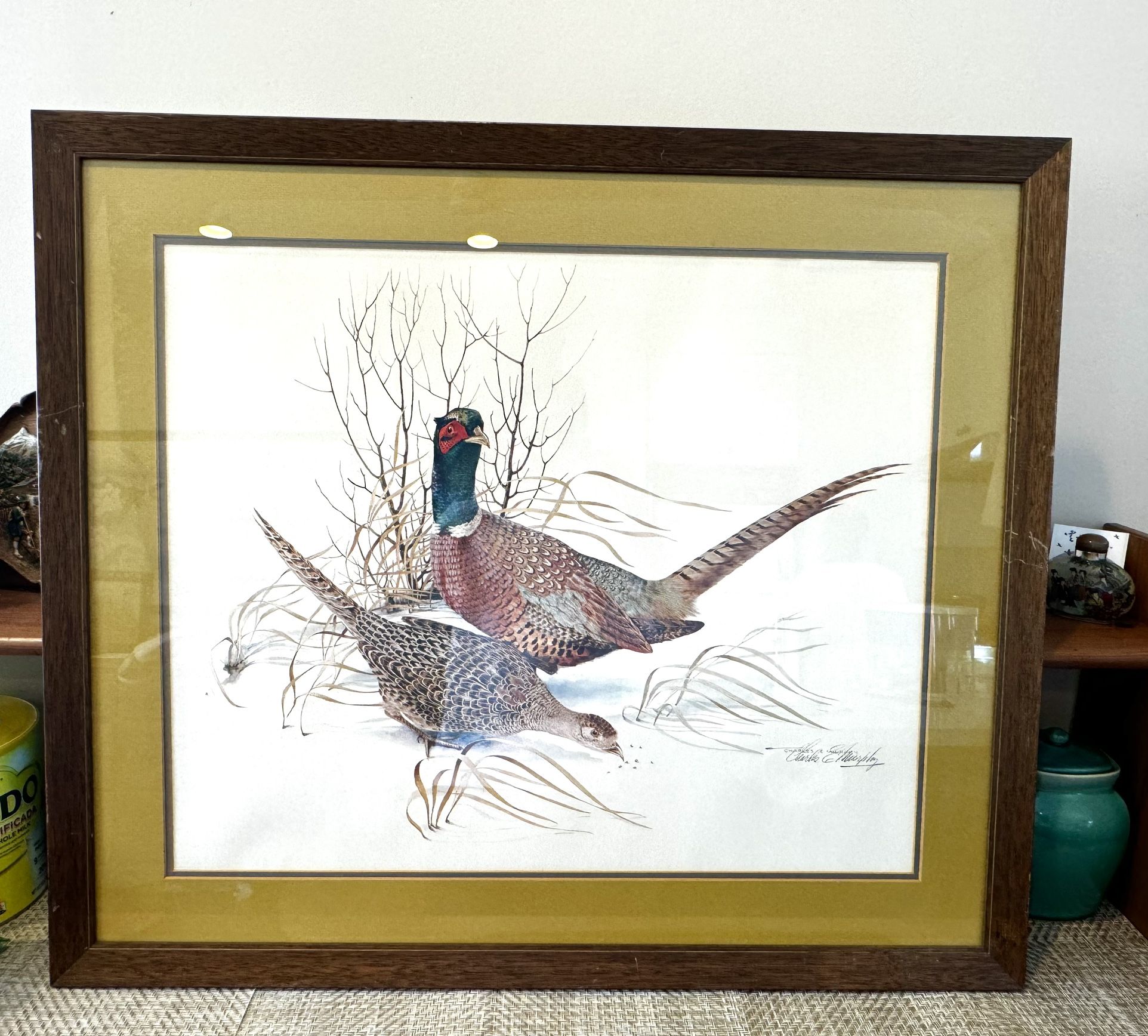 Charles E Murphy sign Offset Lithograph of Pheasants,36 inches ✖️32 inches