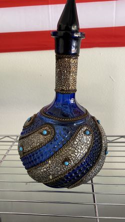 “Jeannie” Art Blue & Metal Glass Bottle