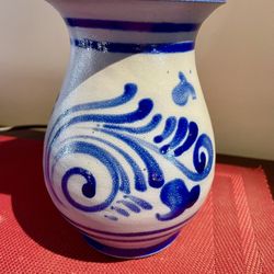 Vintage German Artisan Salt Glazed Pottery Vase Stoneware Cobalt Blue 6” Tall