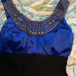 NEW Stretchy Black & Blue Holiday Dress W/ Silver Beaded Detail 