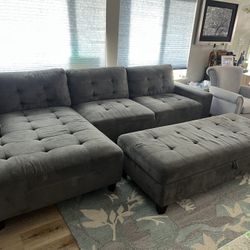 Gray Sectional Couch & Storage Ottoman