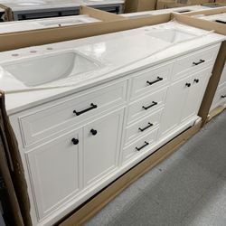 Bathroom vanity cabinet 72” solid Oak Quartz top with sinks and backsplash 