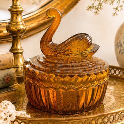 Vintage Amber Glass Swan Trinket Box Covered Candy Dish Jewelry Vanity Decor MCM