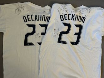two YOUTH LARGE David Beckham LA Galaxy shirts  (signed by various players)