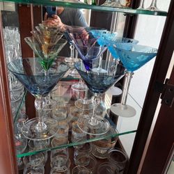 Assorted crystal glass decanters et cetera
