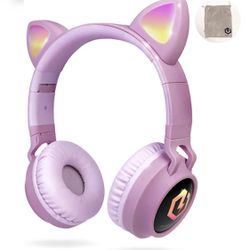  Kids Cat Ear Headphones, Bluetooth 5.3 Wireless, LED Lights, Safe Volume Limit, Micro SD/TF, for iPad, Tablet, Travel (Pink