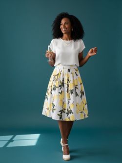 Grace Karin Lemon Print Pleated ALine Midi Skirt White Yellow Medium Pockets NWT
