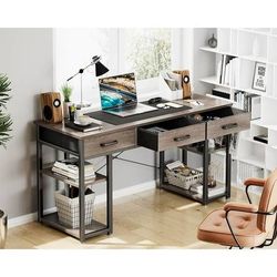 Office Small Computer Desk: Home Table with Fabric Drawers & Storage Shelves, Modern Writing Desk, Grey Oak, 48"x16"