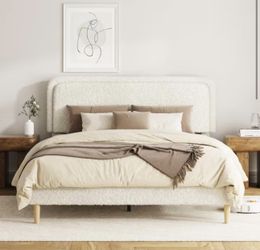 King Size Plush Upholstered Platform Bed Frame with Height-Adjustable Headboard Wood Slats