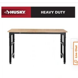 Husky 72 in. W x 23 in. D Adjustable Height Black Workbench, Solid Wood Top for Heavy Duty Welded Steel Garage Storage System