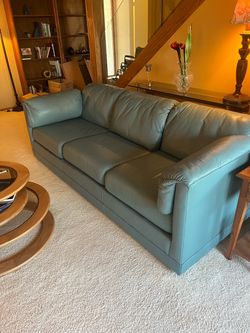 Teal Leather 3-Seat Sofa And Teal Leather Oversized Chair with Ottoman