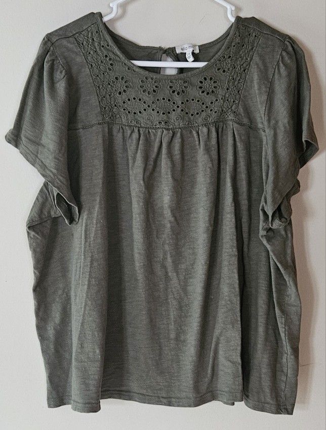 ,2X Ella Moss Womens Blouse Slub Knit Embroidered Keyhole Green