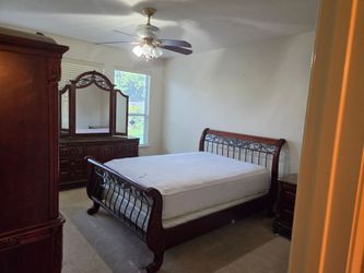 6 Piece Queen  Bedroom  Set w Mattress - complete bed, dresser with tri-fold mirror, nightstand & armoire.  Dresser & nightstand are grani