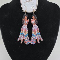 Women African Ebony Model Dangle Pierced Earrings Colorful Pattern Dress