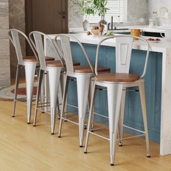 30" Swivel Metal Bar Stools Set of 4 High Back Counter Height Barstools Kitchen Dining Bar Chairs Industrial with Large Wooden Seat-Silver