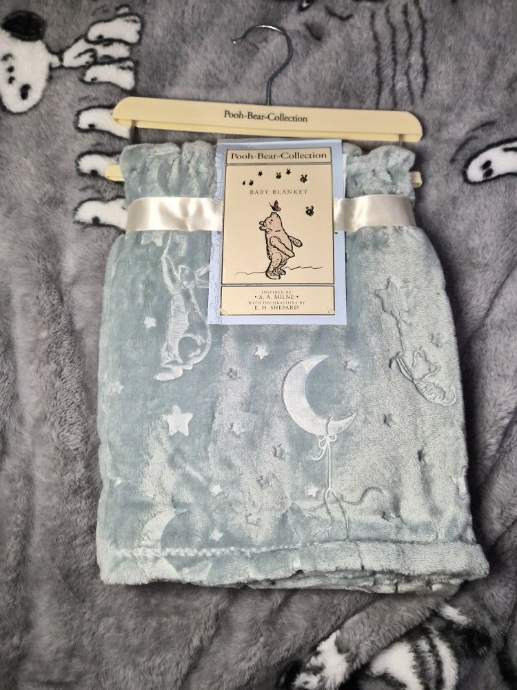 Pale Blue/Aqua Embossed Winnie The Pooh Baby Blanket - New