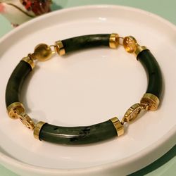 Vintage Rare Chinese Spinach Green Nephrite Jade Gilded Bracelet