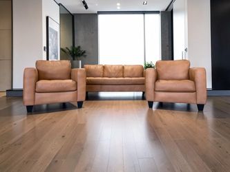 Modern Designer Leather Sofa Set – Cognac 3-Piece Lounge Collection