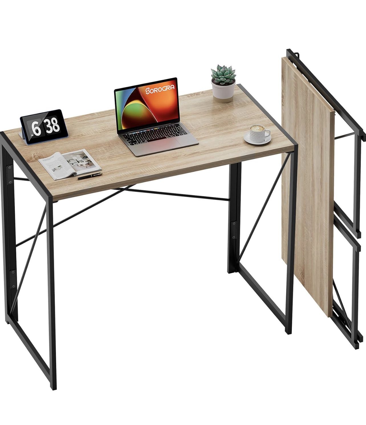 Coavas 31.5 inch Folding Desk No Assembly Required, Writing Computer Desk Space Saving Foldable Table Simple Home Office Desk, Beech
