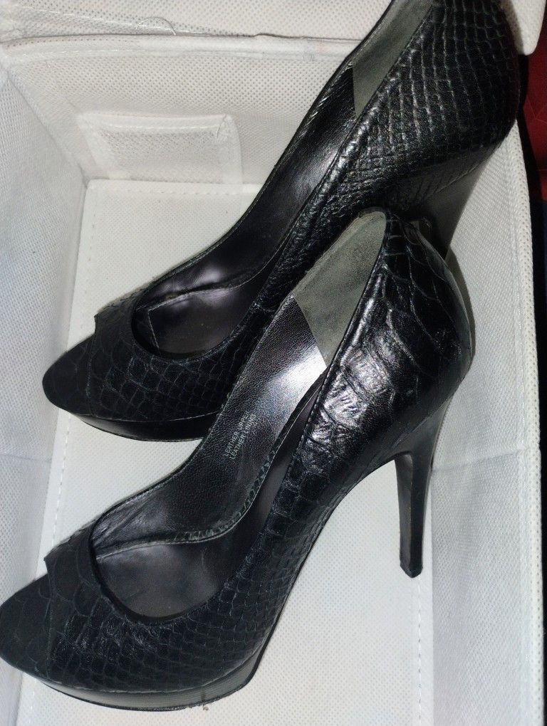 black via spiga heels and leopard print flat loafers