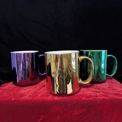 Set Of 3 Vintage Metallic Ceramic Coffee Mugs 