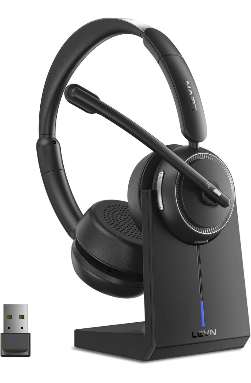 LEVN Wireless Headset, Bluetooth Headset with Noise Canceling Microphone & Charging Base, 65 Hrs Working Time 2.4G Headset with Microphone for PC/Lapt