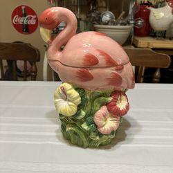 Vintage Pink Flamingo  Hibiscus Flowers Cookie Jar