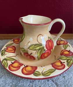 RARE Pitcher & Basin, Hand Painted Set in Apple Pattern , Vintage, Like New