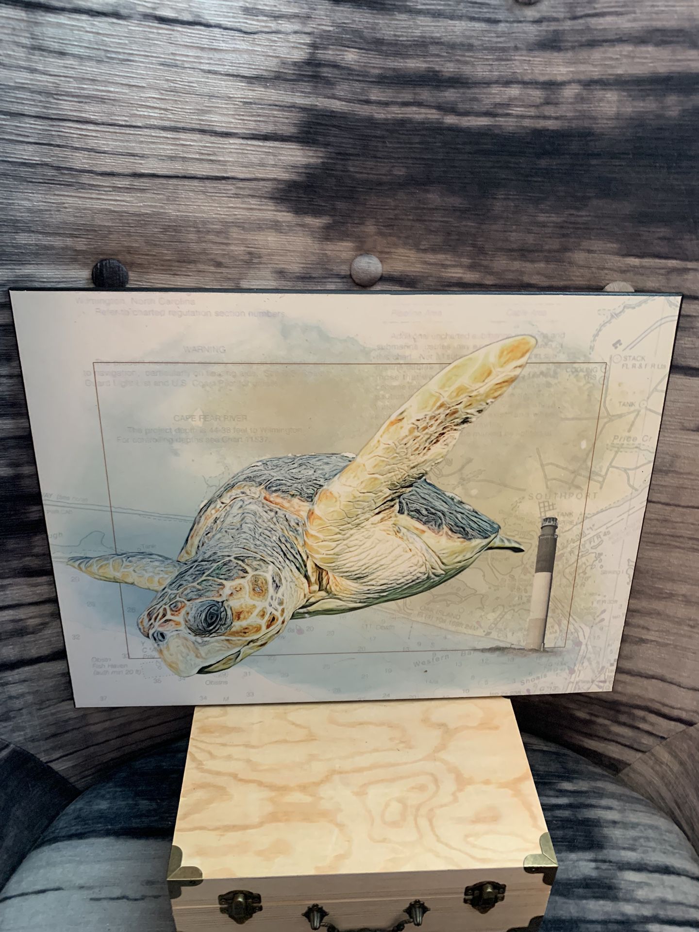 Sea Turtle Artwork Of Lighthouse, Map And Areas As Background.  12 By 16 Inches