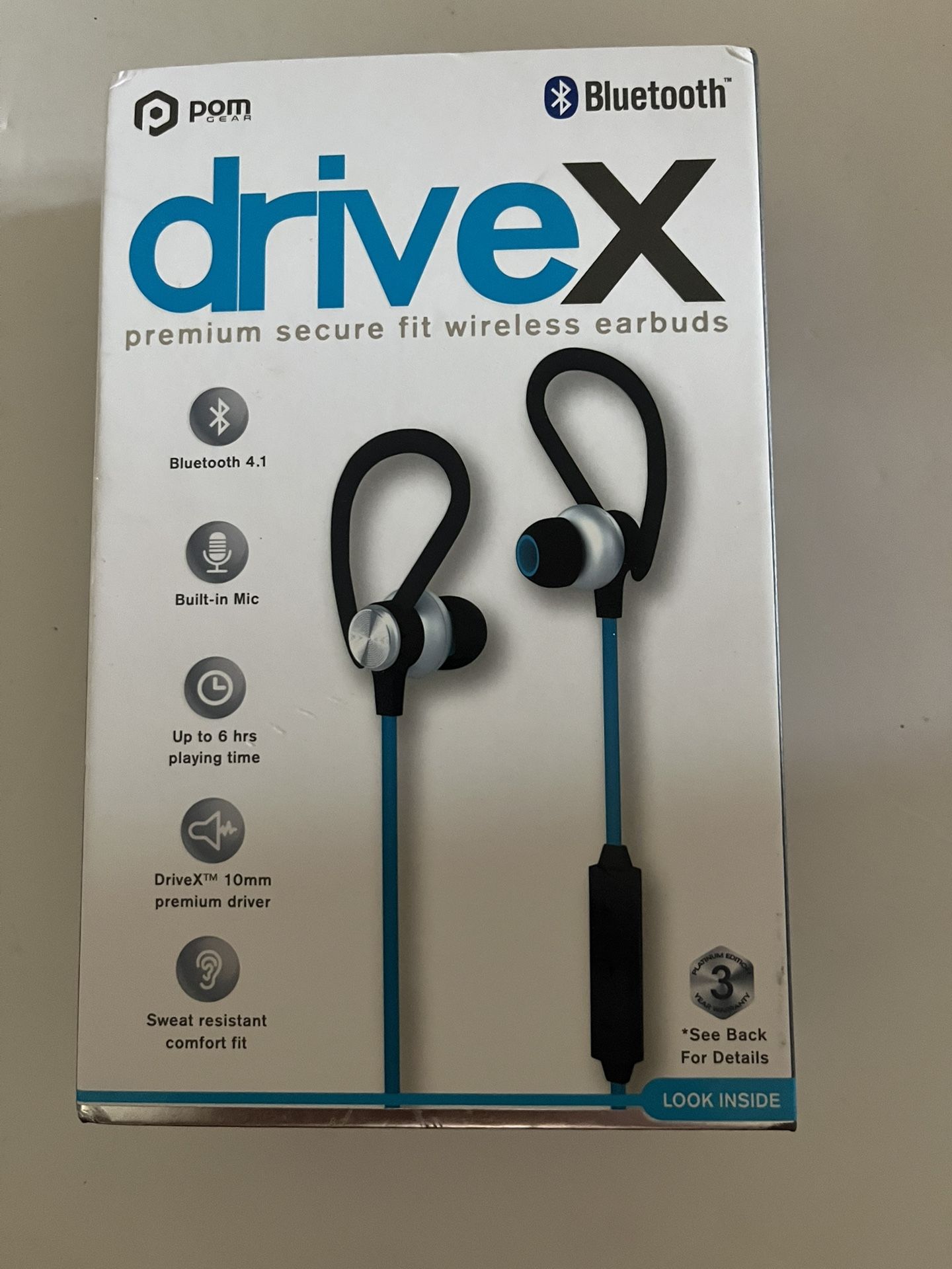 Brand New Pom Gear DriveX Secure Fit Wireless Bluetooth Earbuds - Blue