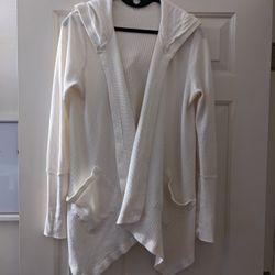 Splendid Cream White Waffleknit Hooded Waterfall Cardigan 