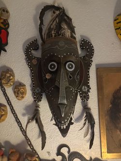 Tribal Wooden Decorative Mask with Feathers