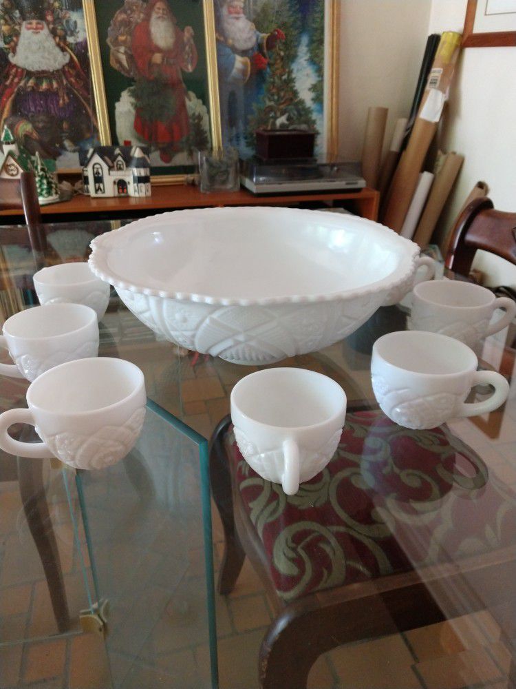 Milk Glass Punch Bowl, Cups