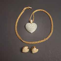 Swarovski Pave' Crystal Puff Heart Pendant Necklace & Clip On Earring Set, Signed Gold-plated W/Logo Stamp 32" Rope Chain-Mint Condition