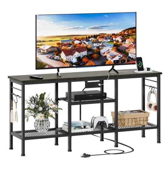 Furologee TV Stand with Power Outlets, Entertainment Center with Open Storage Shelves for TVs up to 55 Inch, TV Media Console Table with Soundbar Shel