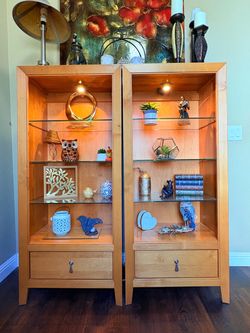 Pair of Wood Display Cabinets with Glass Shelves