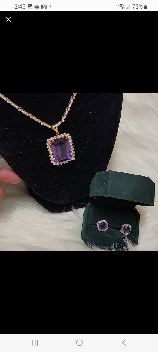 10K White Gold With Diamond And  Amethyst Earrings