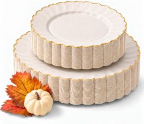 HEAVYWEIGHT Ivory Gold Scalloped Plastic Plates for Wedding 60 Pc