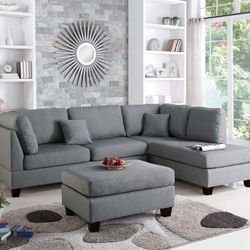 3 Pc Reversible Sectional Sofá Set W/ Ottoman. 2 Colors