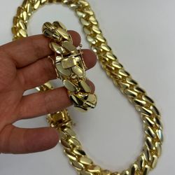 Set Chain & Bracelet 20mm Miami Cuban Link Yellow Gold Plated Chain Necklace 18k & 14k Crab Old School Regular Lock