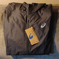 ASICS Men's Black Windbreaker Jacket Regular Fit Full Zip Water Resistant L