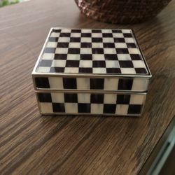 MacKenzie Childs Silver Trim Checked Trinket Box 