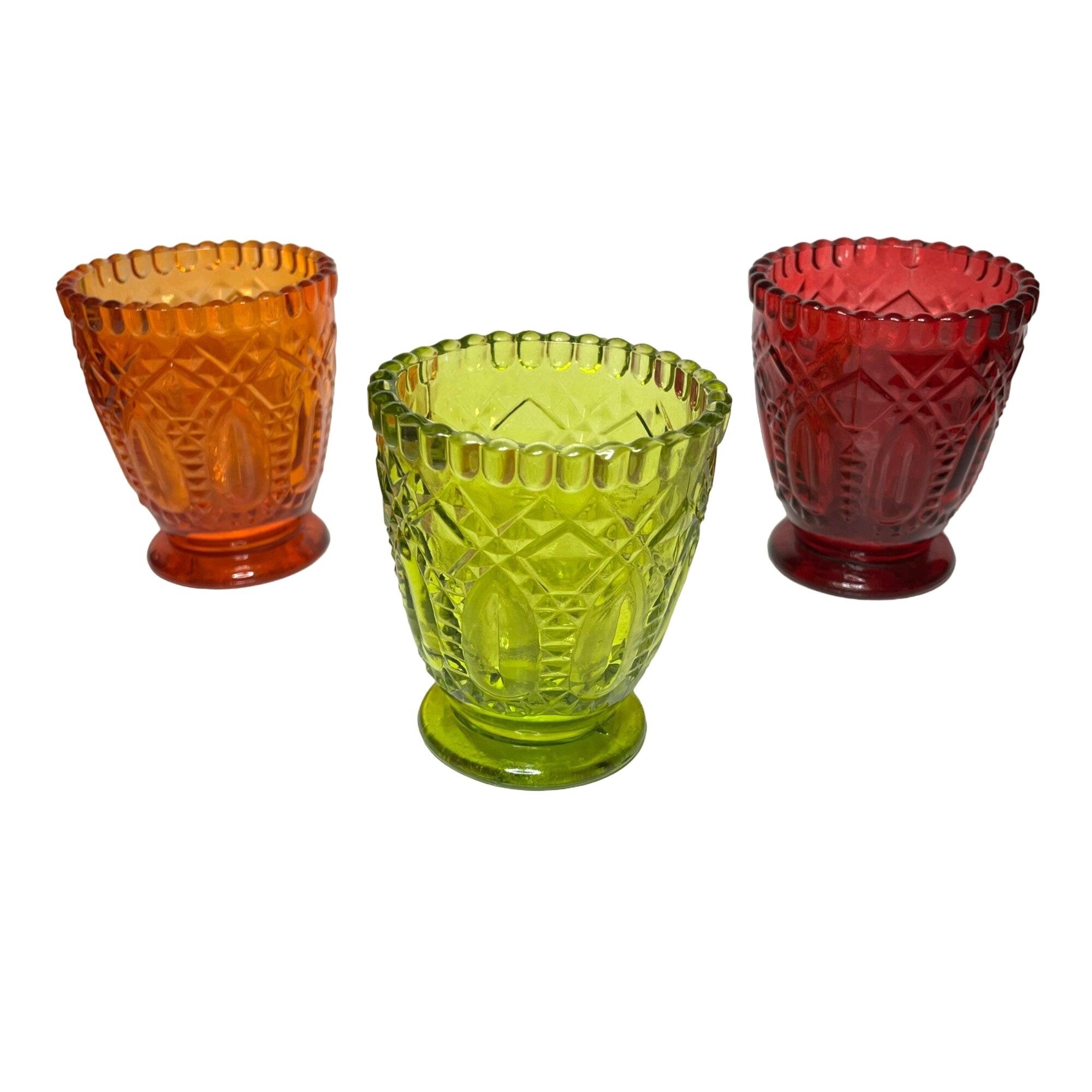 Vintage Hobnail Cut Glass 4" Candle Votive Holders Set of 3 Red Green Orange