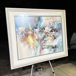 Large Signed Floral Abstract Framed Print – “Aquatic Splendor” 