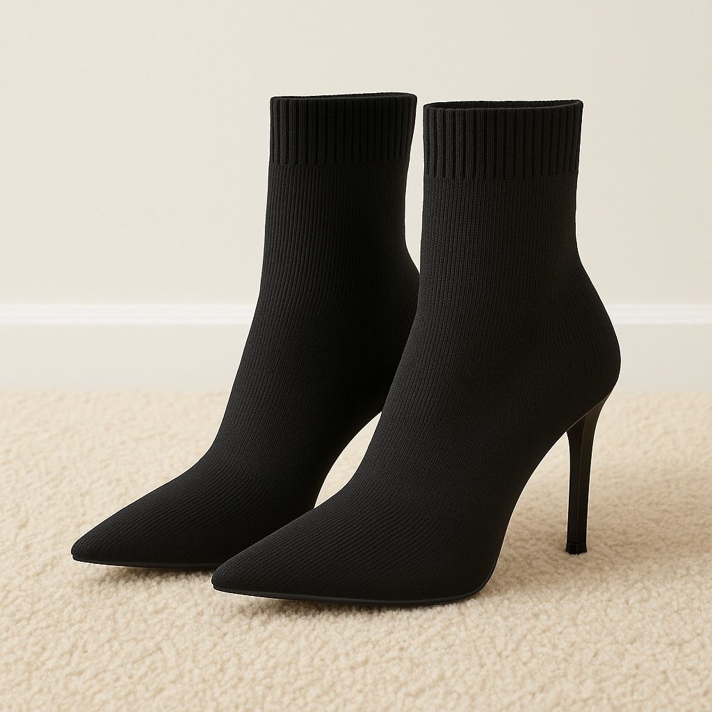 Black Stretch Sock Boots US 7.5 | 4” Stiletto Heels Pointed Toe Ankle Booties